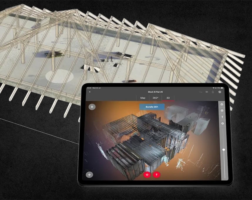 Model konstrukcji dachu w programie projektowym, obok tablet z podglądem